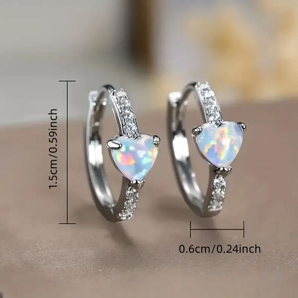 Elegant Heart Shape Opal Silver Hoop Earrings Round Huggie Crystal Detail Classc - Picture 5 of 6